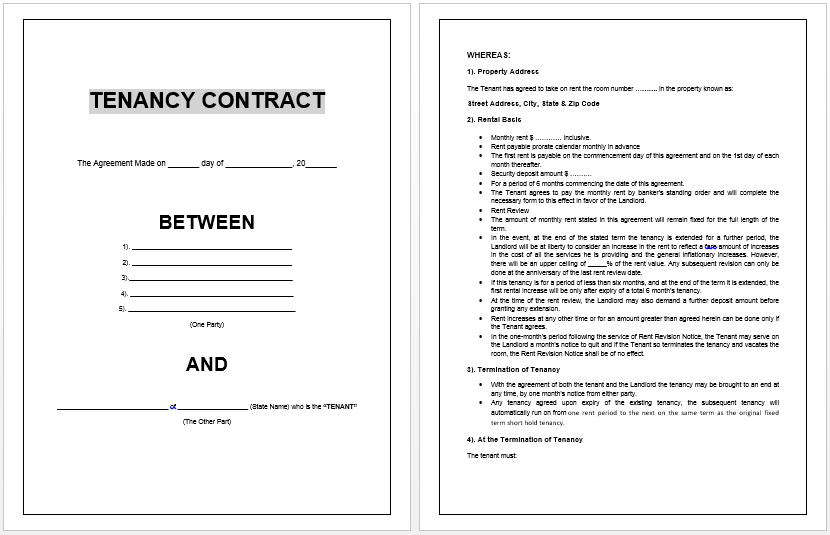 Tenancy Agreement Template Word Doc HQ Printable Documents