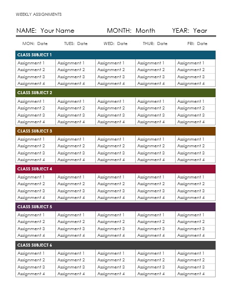 Weekly Assignments Calendar Template