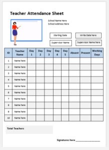 Teacher Attendance Sheet Templates - My Word Templates