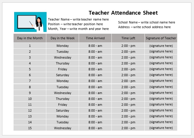 11 Free Teacher Attendance Sheet Templates My Word Templates