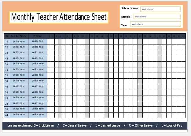 Teacher Attendance Sheet
 11 Free Teacher Attendance Sheet Templates My Word Templates