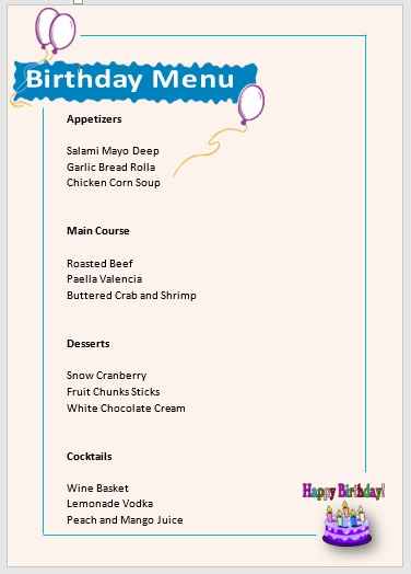 Birthday Menu Template 01