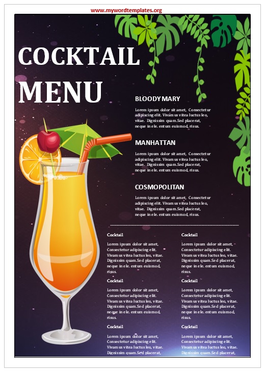 Free Cocktail Menu Template - My Word Templates