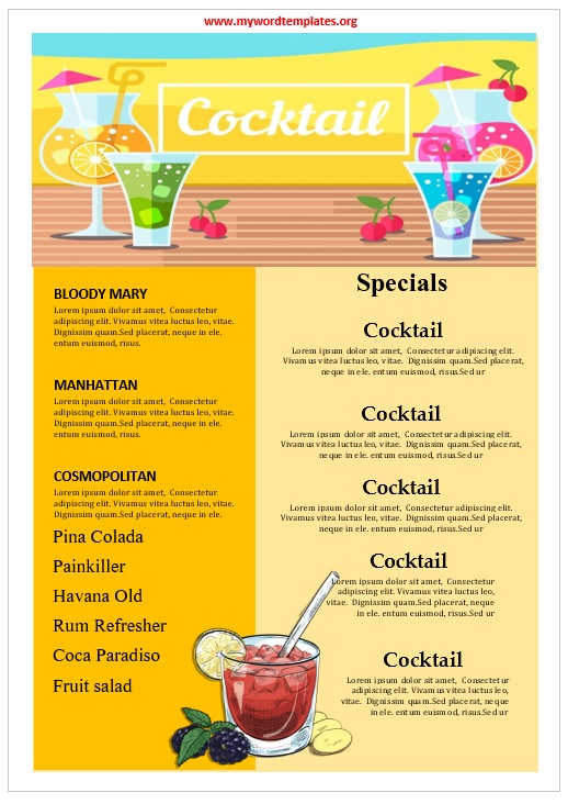 Free Cocktail Menu Template - My Word Templates