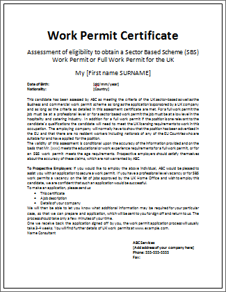 Work Permit Certificate Template - My Word Templates