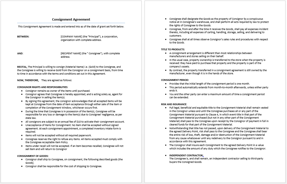 Consignment Agreement Template My Word Templates