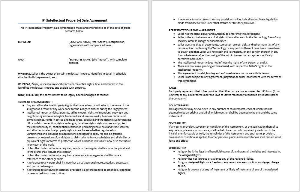 Intellectual Property Sale Agreement Template Microsoft Word Templates