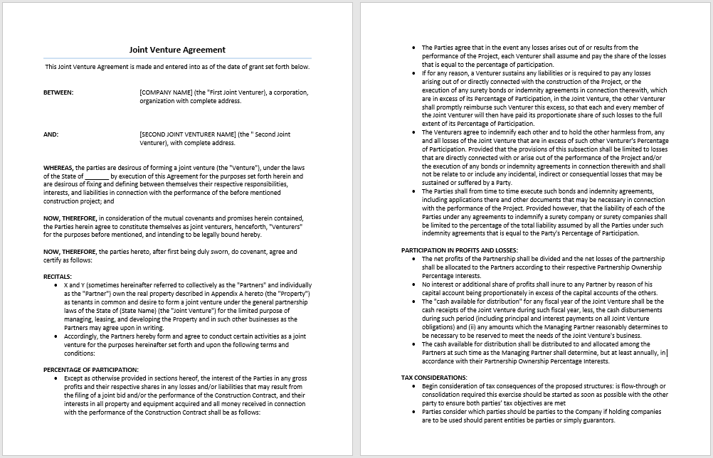 Joint Venture Agreement Template Microsoft Word Templates