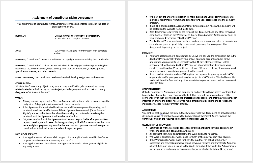 Assignment of Contributor Rights Agreement Template Microsoft Word