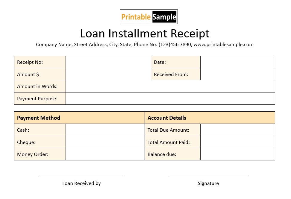 Loan Installment Receipt Template MS Word