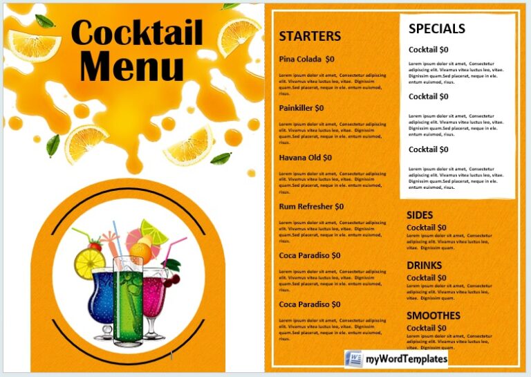 Cocktail Menu Template - My Word Templates