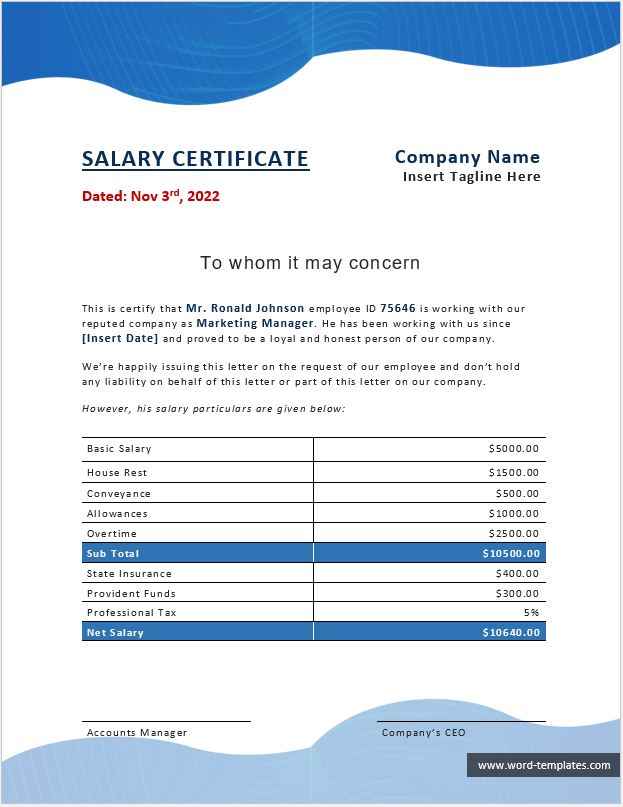 Salary Certificate Template - MS Word