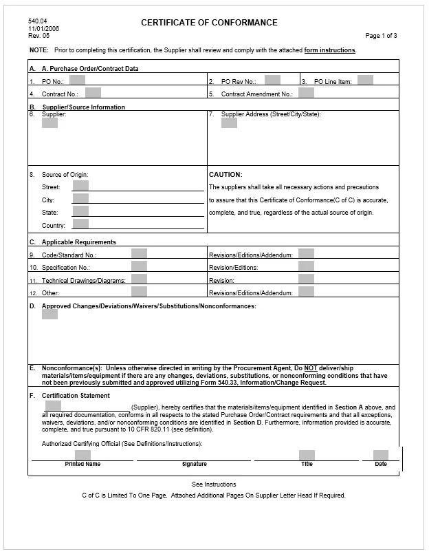 Certificate of Conformance