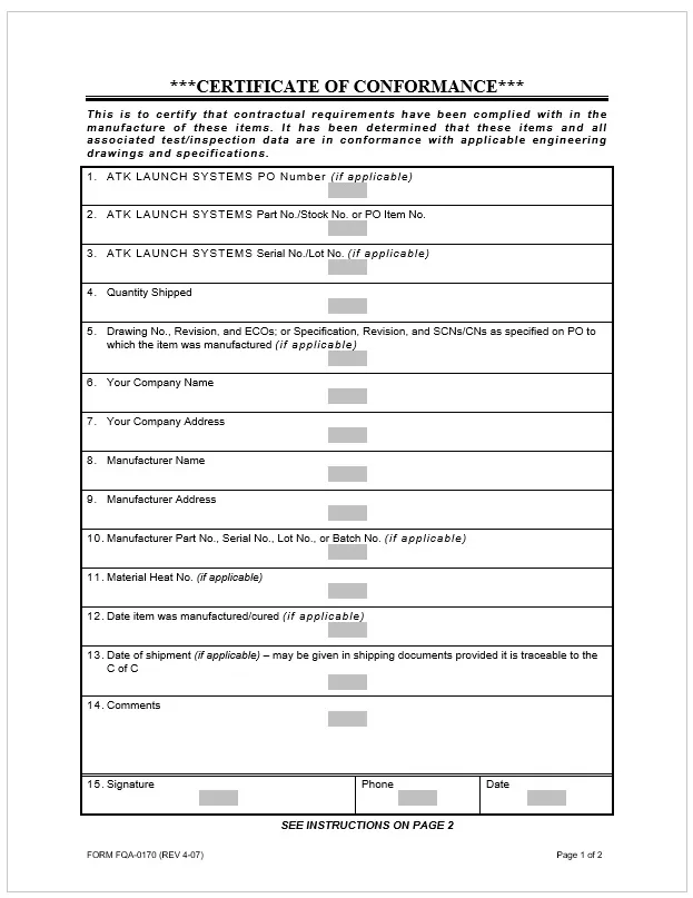 Certificate of Conformity with Instructions