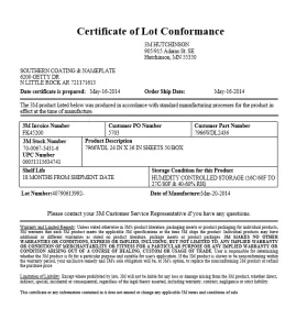 Certificate of Lot Conformance