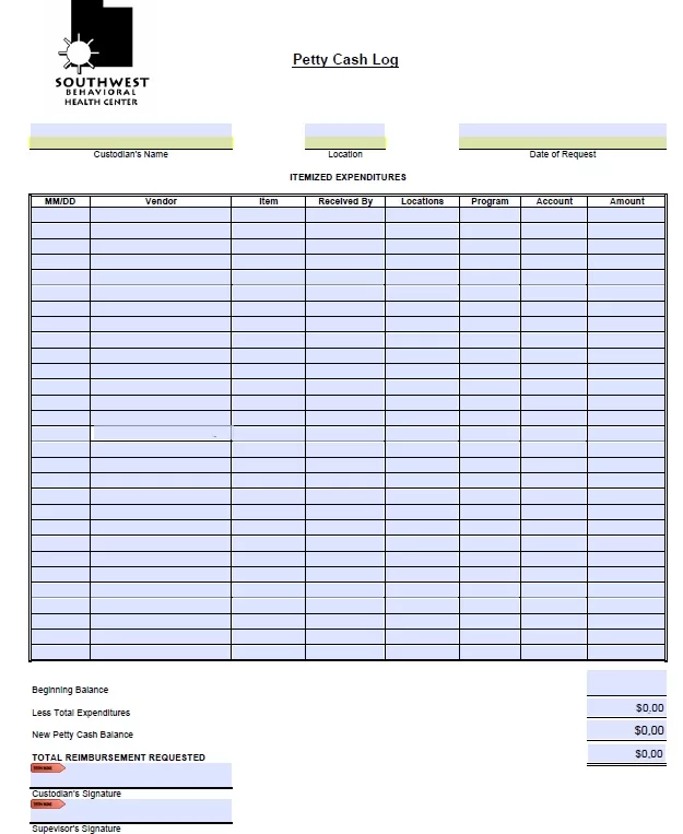 Example of Petty Cash Log Template 3