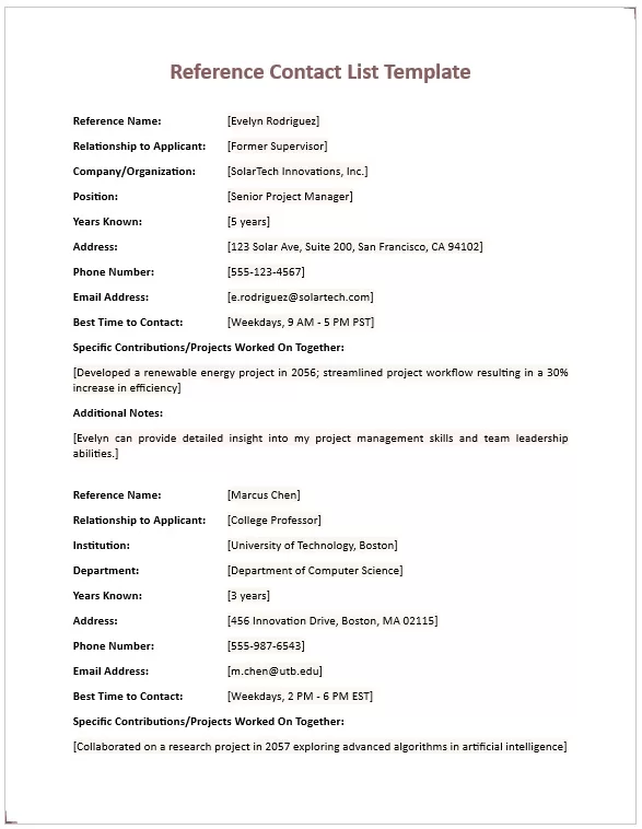 Reference Contact List Template