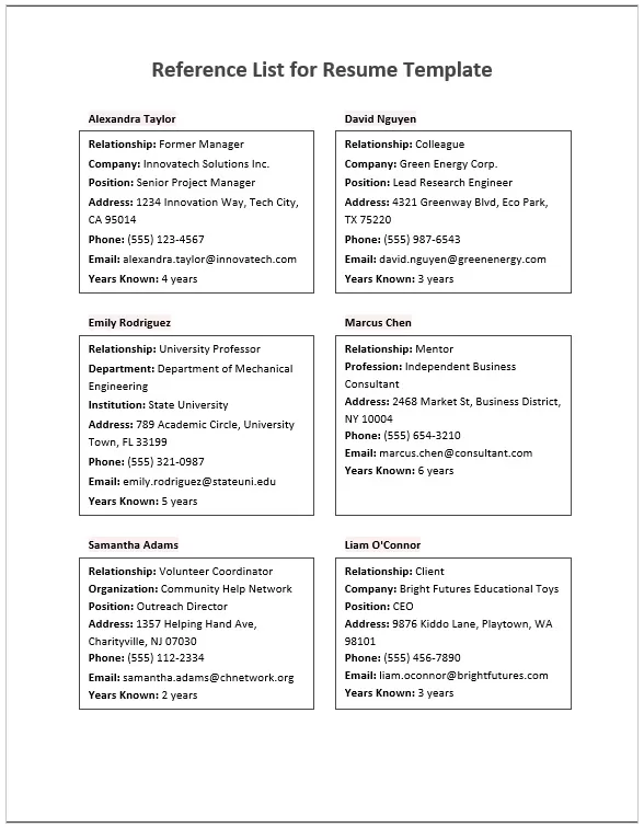 Reference List for Resume Template